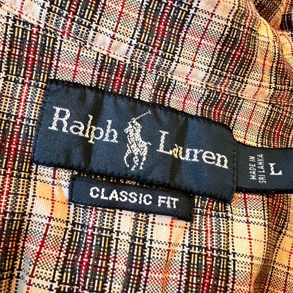 Ralph Lauren Classic Fit Plaid Button Down Shirt Large Pony Logo Tan Green Red - Picture 4 of 11